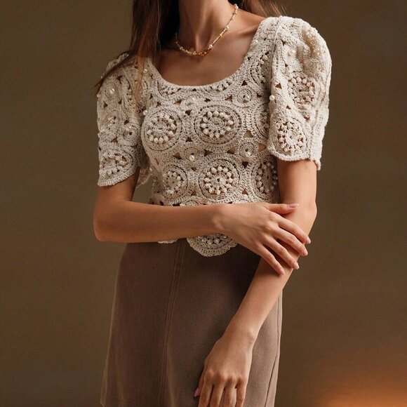 Apricot Elegant Women's Square Neck Floral Hollow Crochet Puff Sleeve T-Shirt - Picture 5 of 7